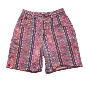 90's Vintage High Rise Jean Shorts Pink Aztec Tribal Print Boho Chic Denim 26"